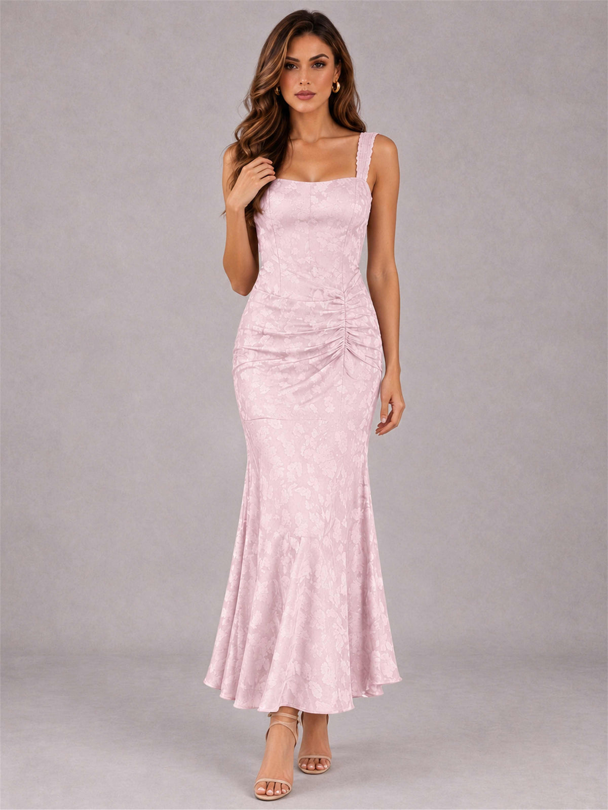Blush Pink Square Neck Mermaid Sleeveless Jacquard Satin Ankle-Length Wedding Guest Dress