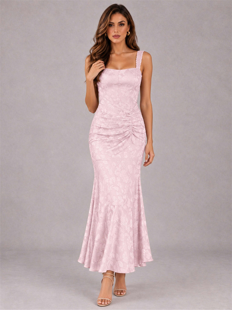 Blush Pink Square Neck Mermaid Sleeveless Jacquard Satin Ankle-Length Wedding Guest Dress