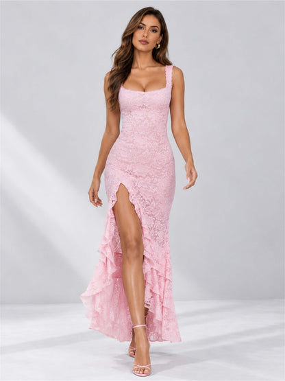 Pink Square Neck Mermaid Sleeveless Lace Wedding Guest Dress with Split Side