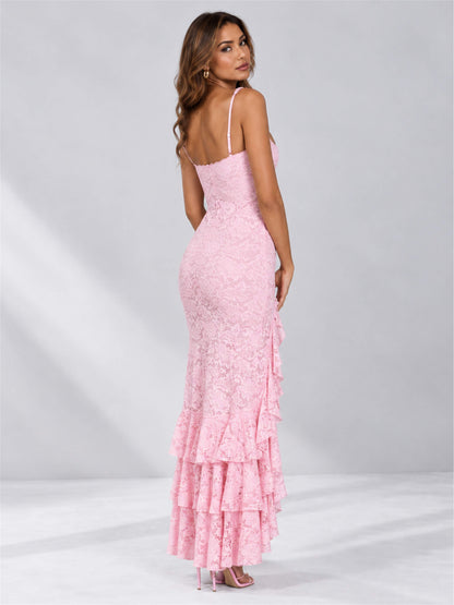 Pink Square Neck Mermaid Sleeveless Lace Wedding Guest Dress with Split Side