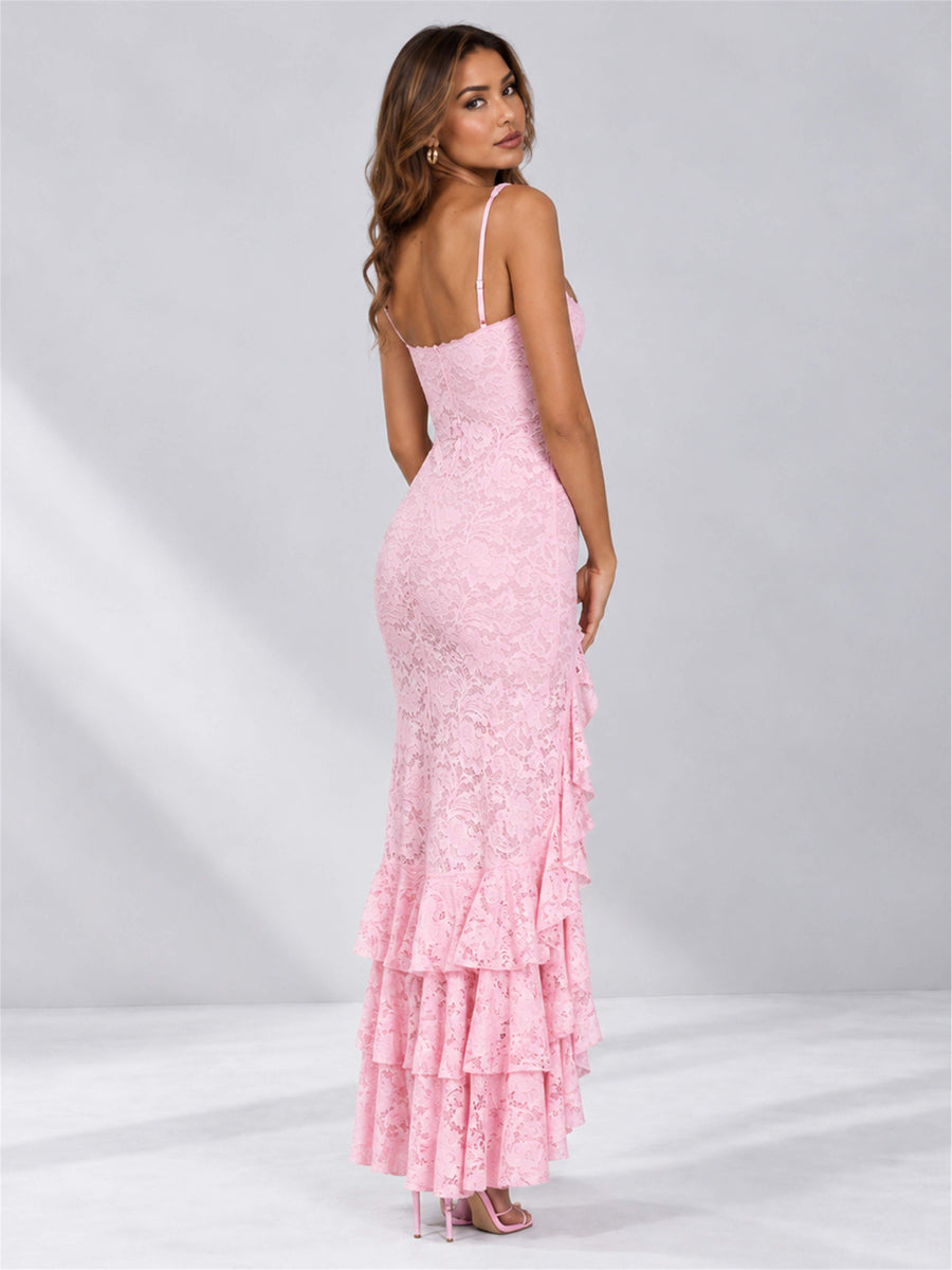Pink Square Neck Mermaid Sleeveless Lace Wedding Guest Dress with Split Side