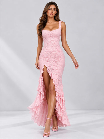 Pink Square Neck Mermaid Sleeveless Lace Wedding Guest Dress with Split Side