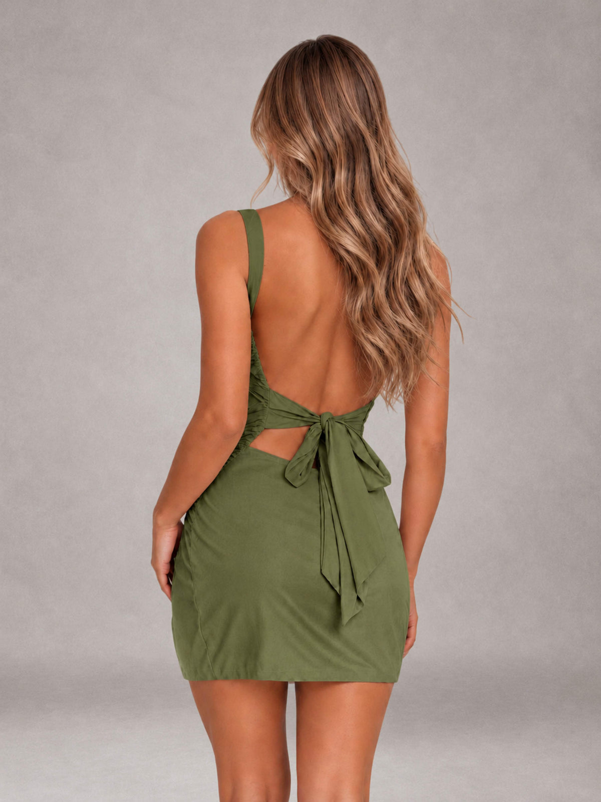 Olive Green Square Neck Mini Homecoming Dress with Open Back Bow