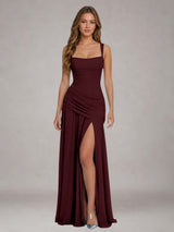 Free Shipping Square Neck Ruched Bodice High Waist Side Slit Floor Length Bridesmaid Dress