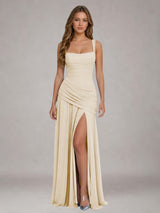 Free Shipping Square Neck Ruched Bodice High Waist Side Slit Floor Length Bridesmaid Dress