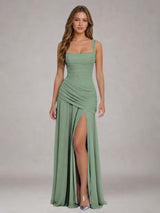 Free Shipping Square Neck Ruched Bodice High Waist Side Slit Floor Length Bridesmaid Dress