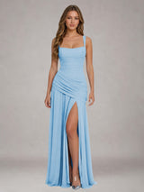 Free Shipping Square Neck Ruched Bodice High Waist Side Slit Floor Length Bridesmaid Dress