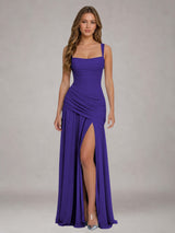 Free Shipping Square Neck Ruched Bodice High Waist Side Slit Floor Length Bridesmaid Dress