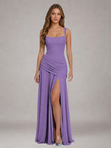 Free Shipping Square Neck Ruched Bodice High Waist Side Slit Floor Length Bridesmaid Dress