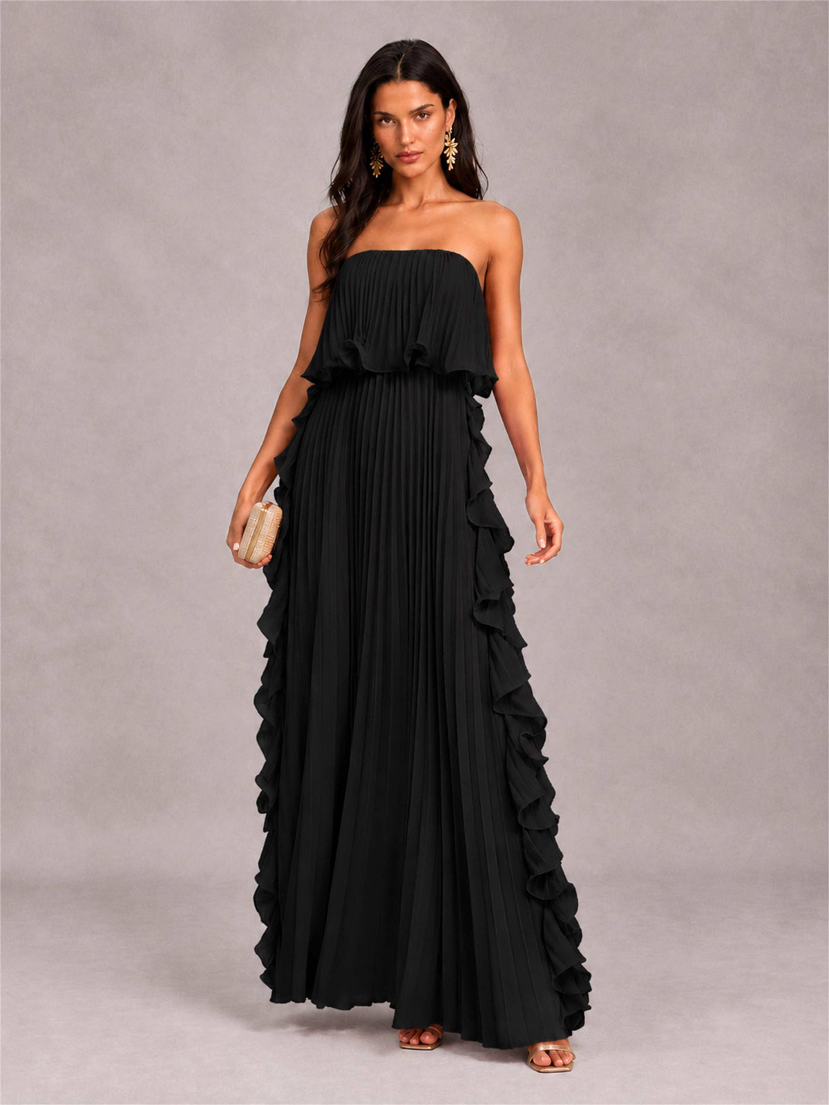 Strapless A-Line Chiffon Ruffle Pleated Floor-Length Wedding Guest Dress