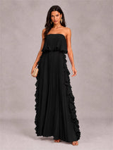Strapless A-Line Chiffon Ruffle Pleated Floor-Length Wedding Guest Dress