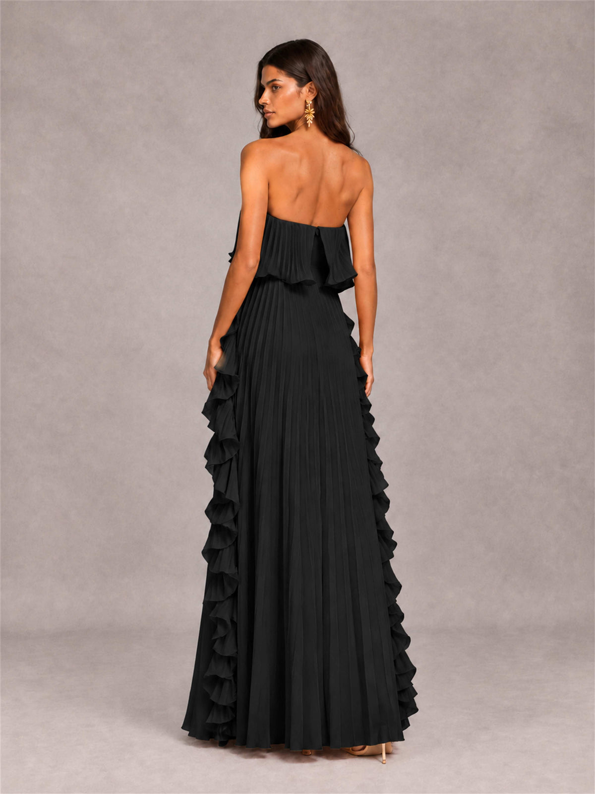 Strapless A-Line Chiffon Ruffle Pleated Floor-Length Wedding Guest Dress
