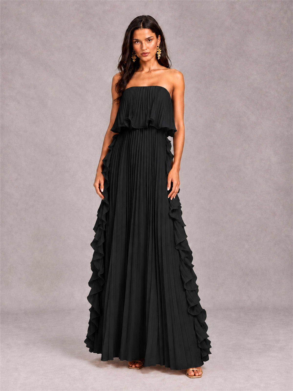 Strapless A-Line Chiffon Ruffle Pleated Floor-Length Wedding Guest Dress