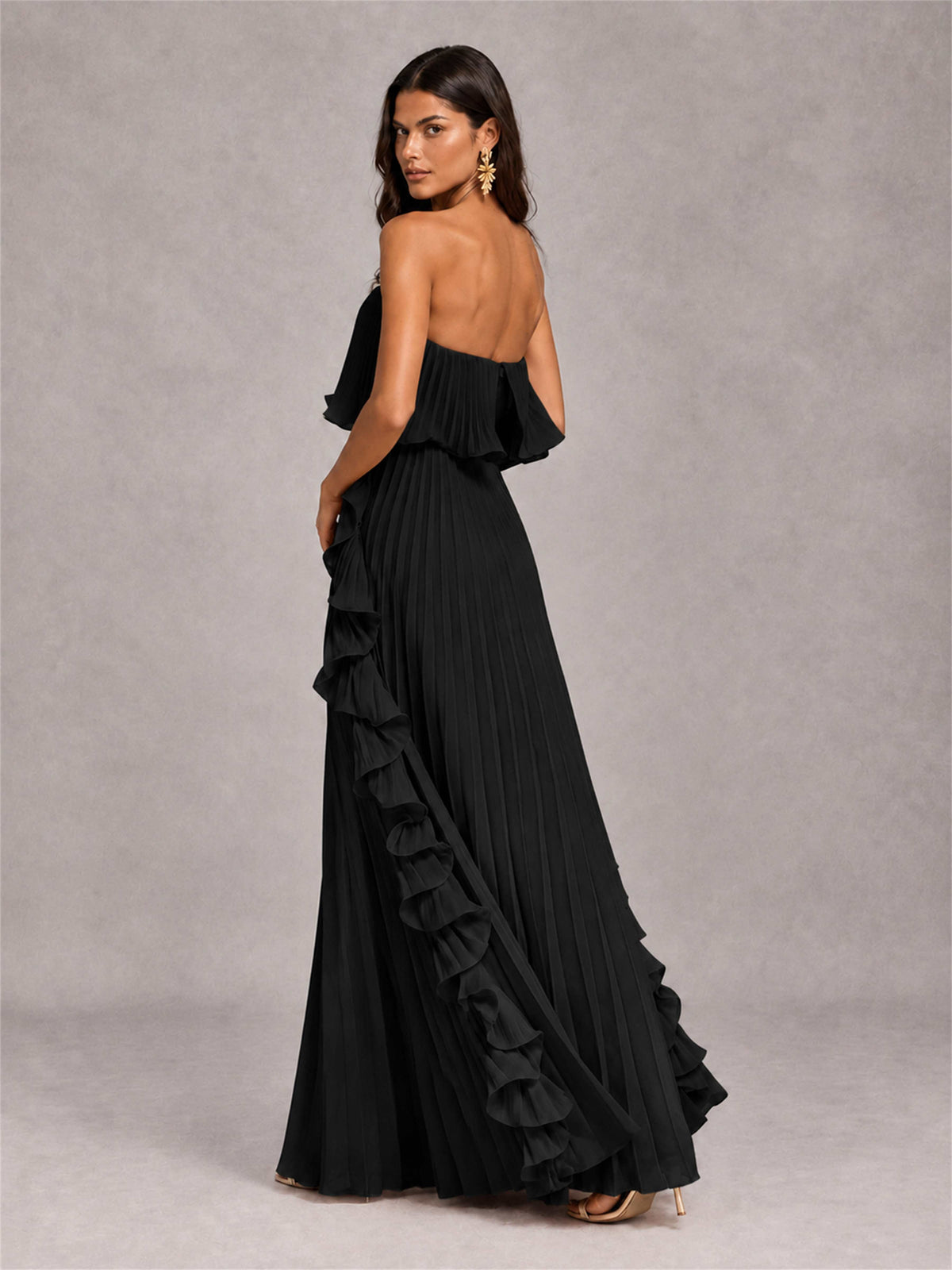 Strapless A-Line Chiffon Ruffle Pleated Floor-Length Wedding Guest Dress