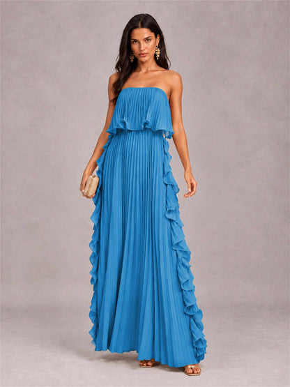 Strapless A-Line Chiffon Ruffle Pleated Floor-Length Wedding Guest Dress