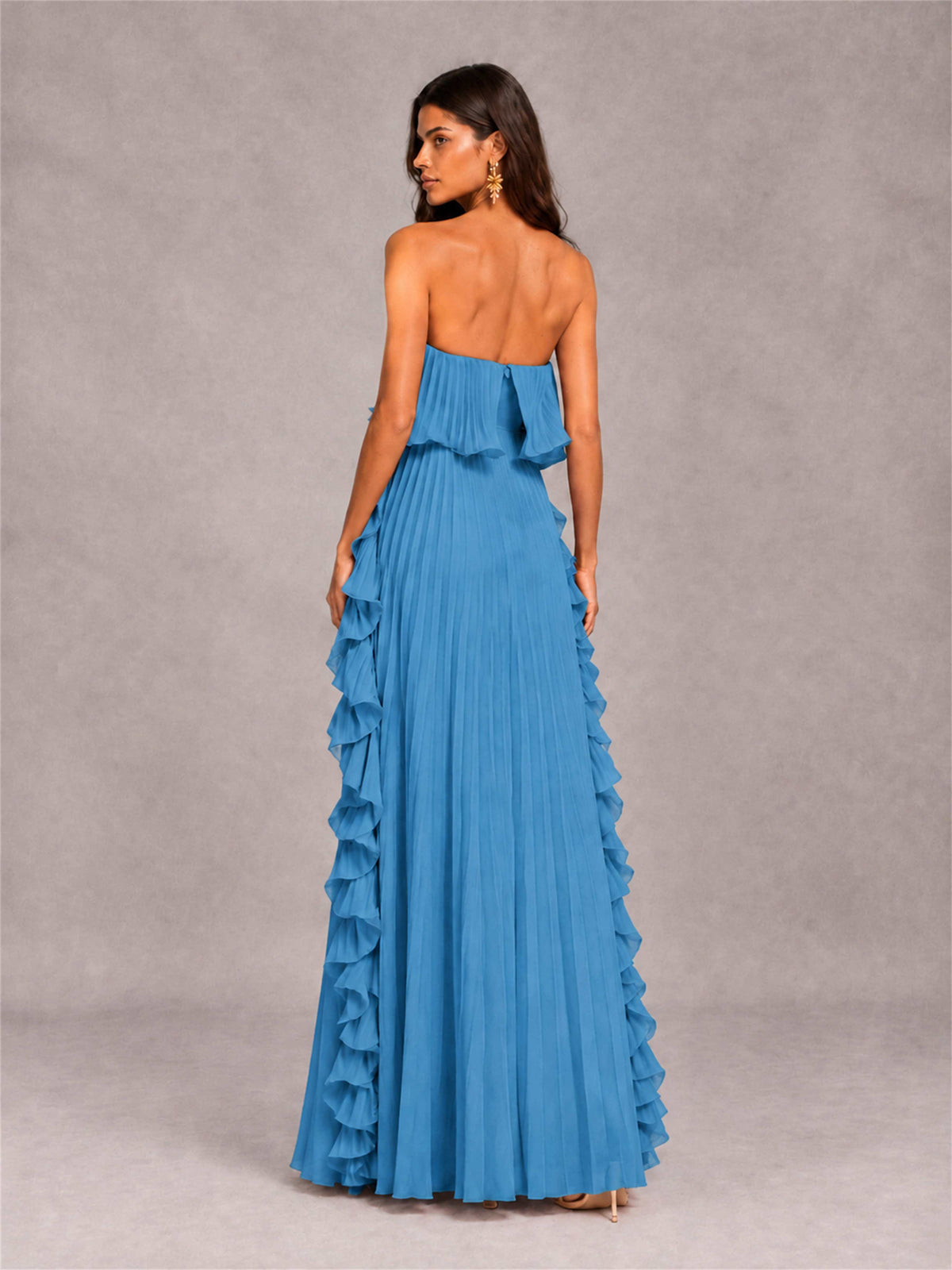 Strapless A-Line Chiffon Ruffle Pleated Floor-Length Wedding Guest Dress