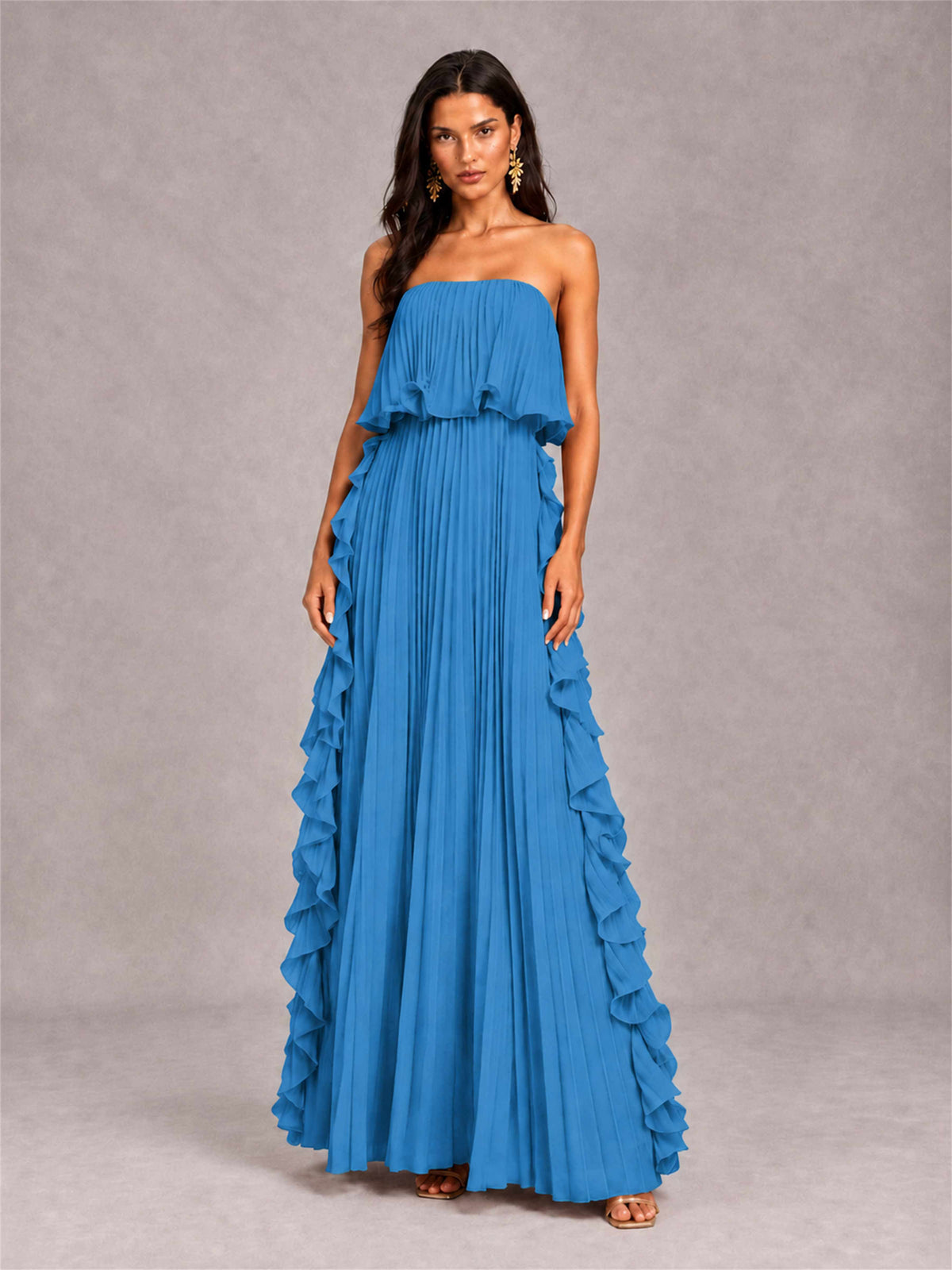 Strapless A-Line Chiffon Ruffle Pleated Floor-Length Wedding Guest Dress