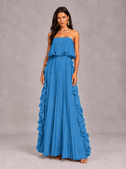 Strapless A-Line Chiffon Ruffle Pleated Floor-Length Wedding Guest Dress