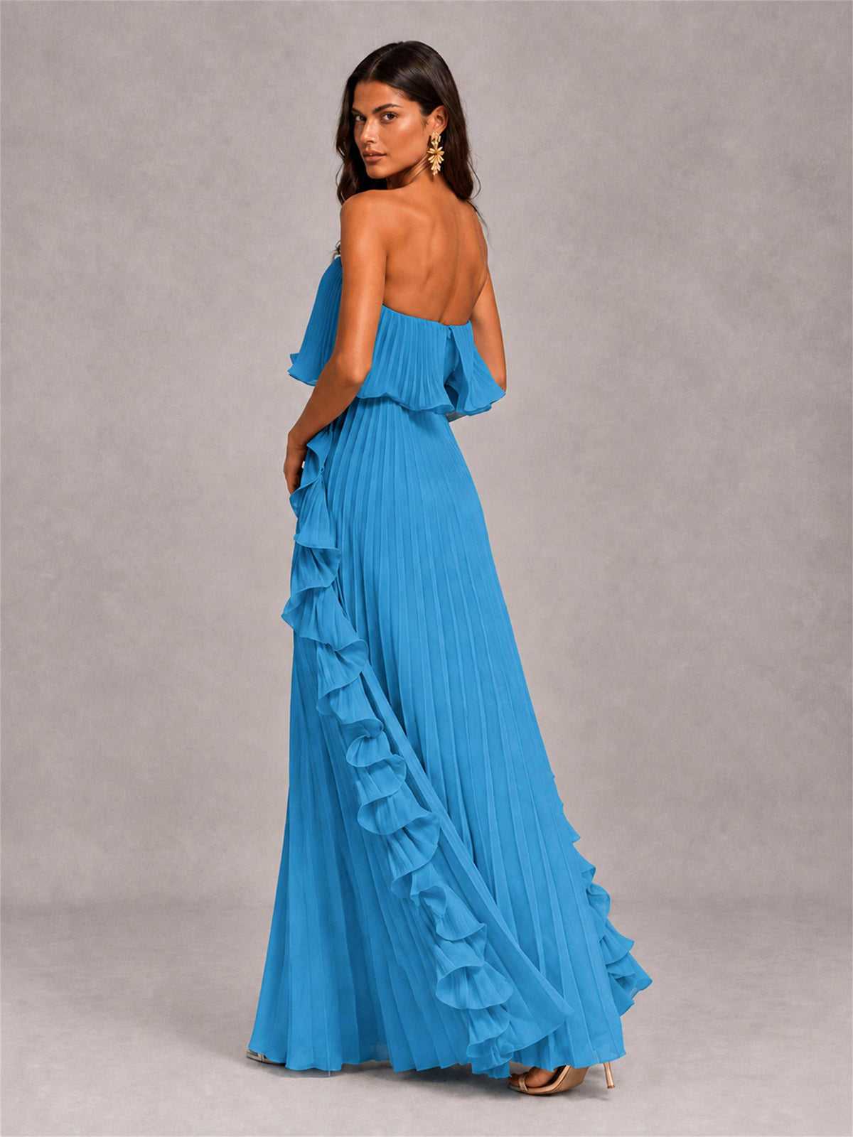 Strapless A-Line Chiffon Ruffle Pleated Floor-Length Wedding Guest Dress