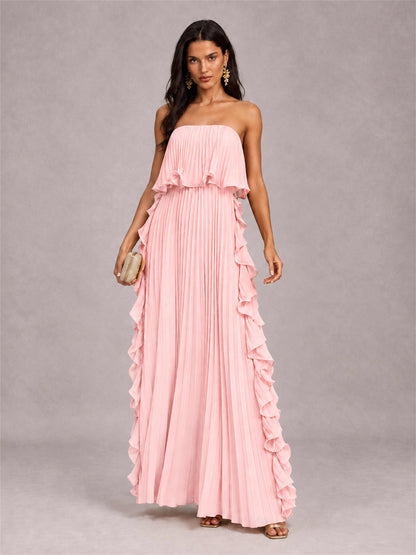 Strapless A-Line Chiffon Ruffle Pleated Floor-Length Wedding Guest Dress