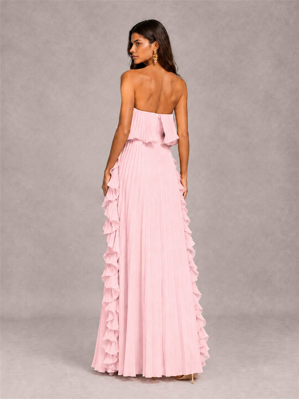 Strapless A-Line Chiffon Ruffle Pleated Floor-Length Wedding Guest Dress