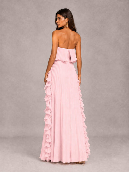 Strapless A-Line Chiffon Ruffle Pleated Floor-Length Wedding Guest Dress