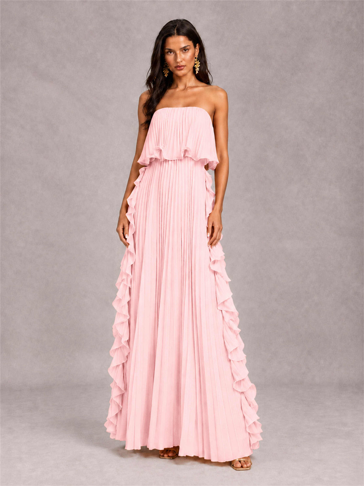 Strapless A-Line Chiffon Ruffle Pleated Floor-Length Wedding Guest Dress