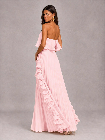 Strapless A-Line Chiffon Ruffle Pleated Floor-Length Wedding Guest Dress