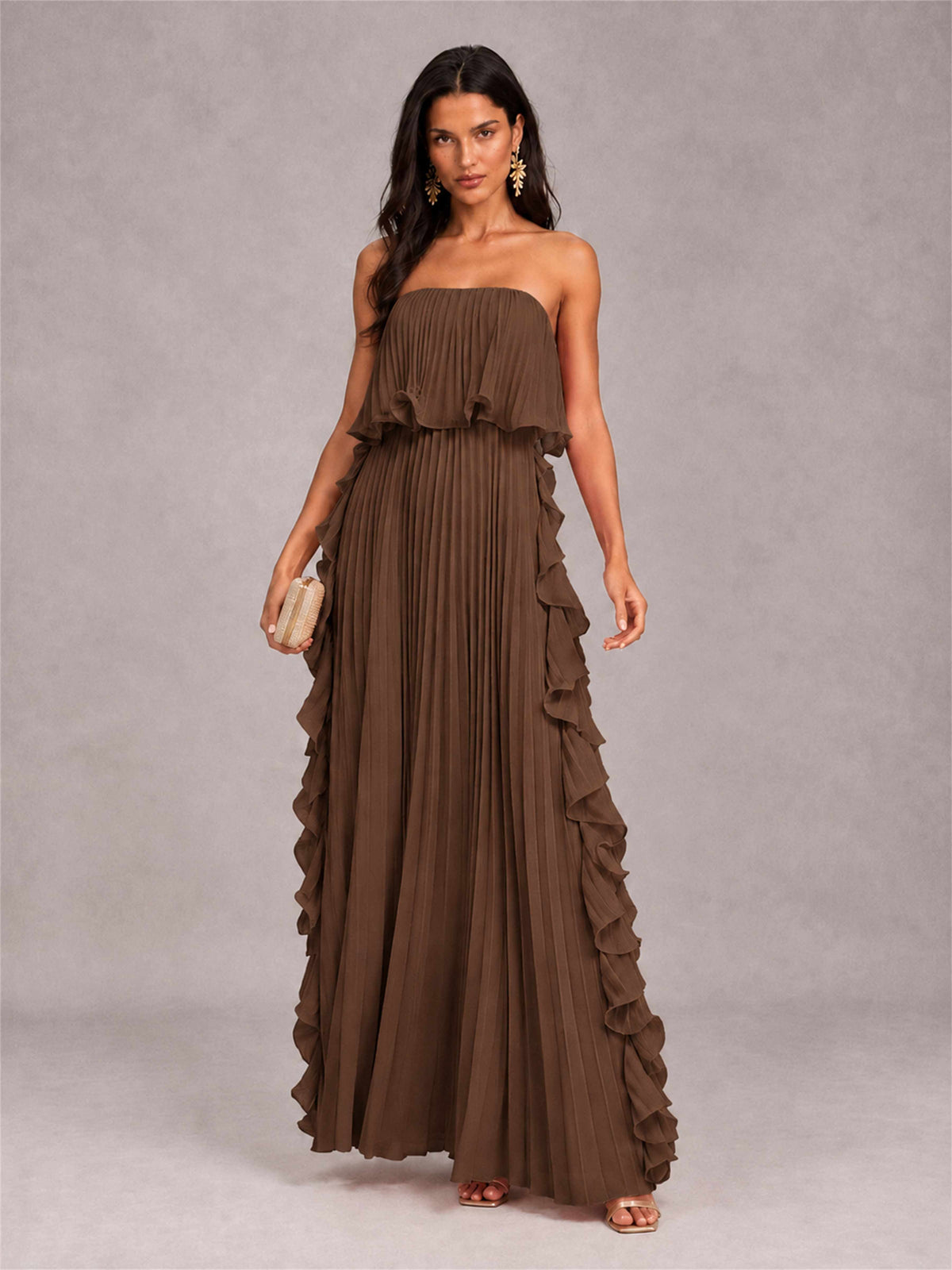 Strapless A-Line Chiffon Ruffle Pleated Floor-Length Wedding Guest Dress