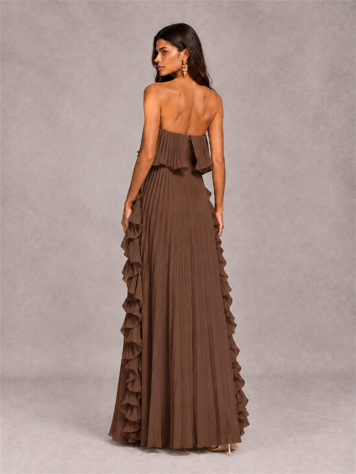 Strapless A-Line Chiffon Ruffle Pleated Floor-Length Wedding Guest Dress
