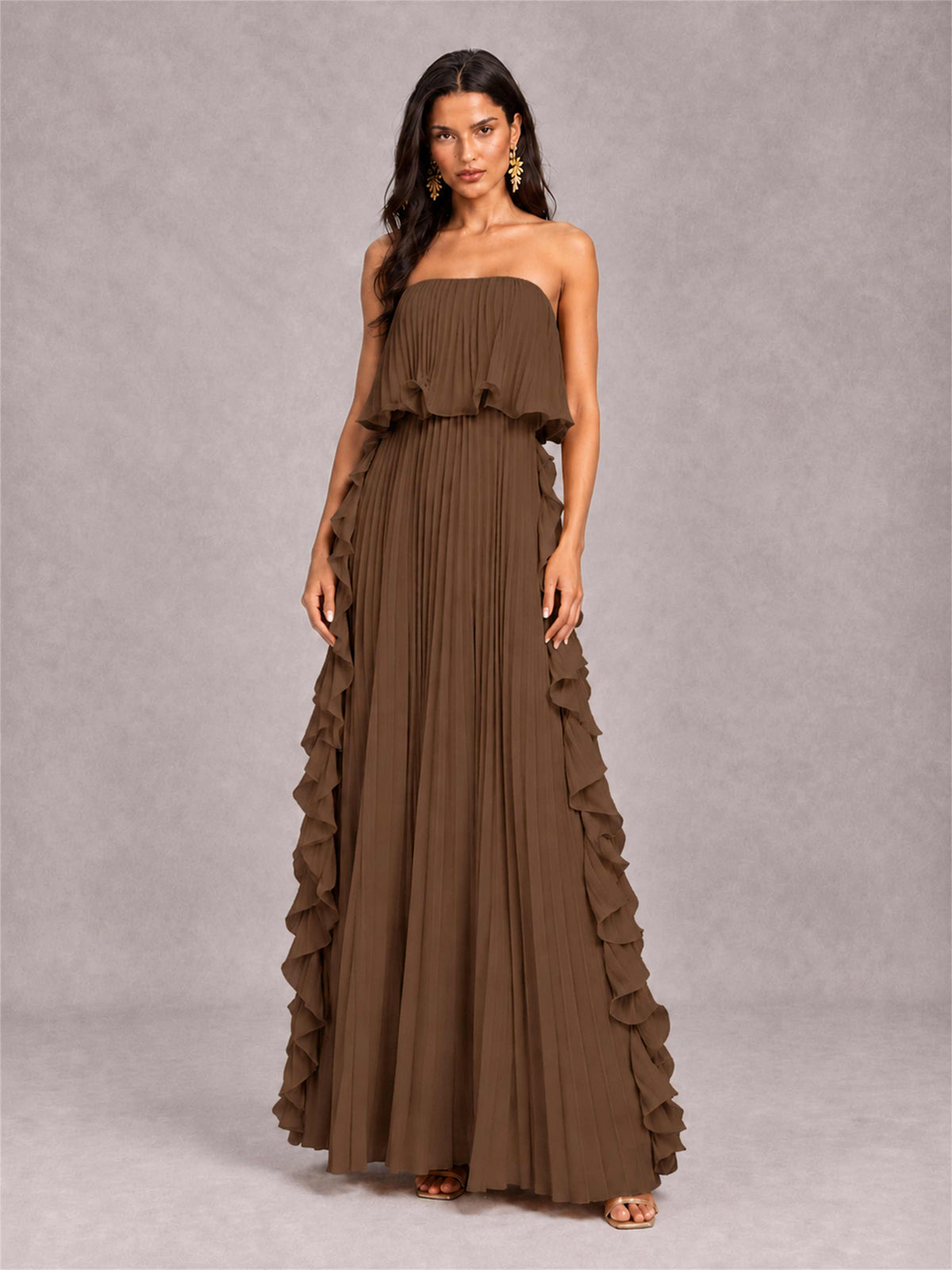 Strapless A-Line Chiffon Ruffle Pleated Floor-Length Wedding Guest Dress