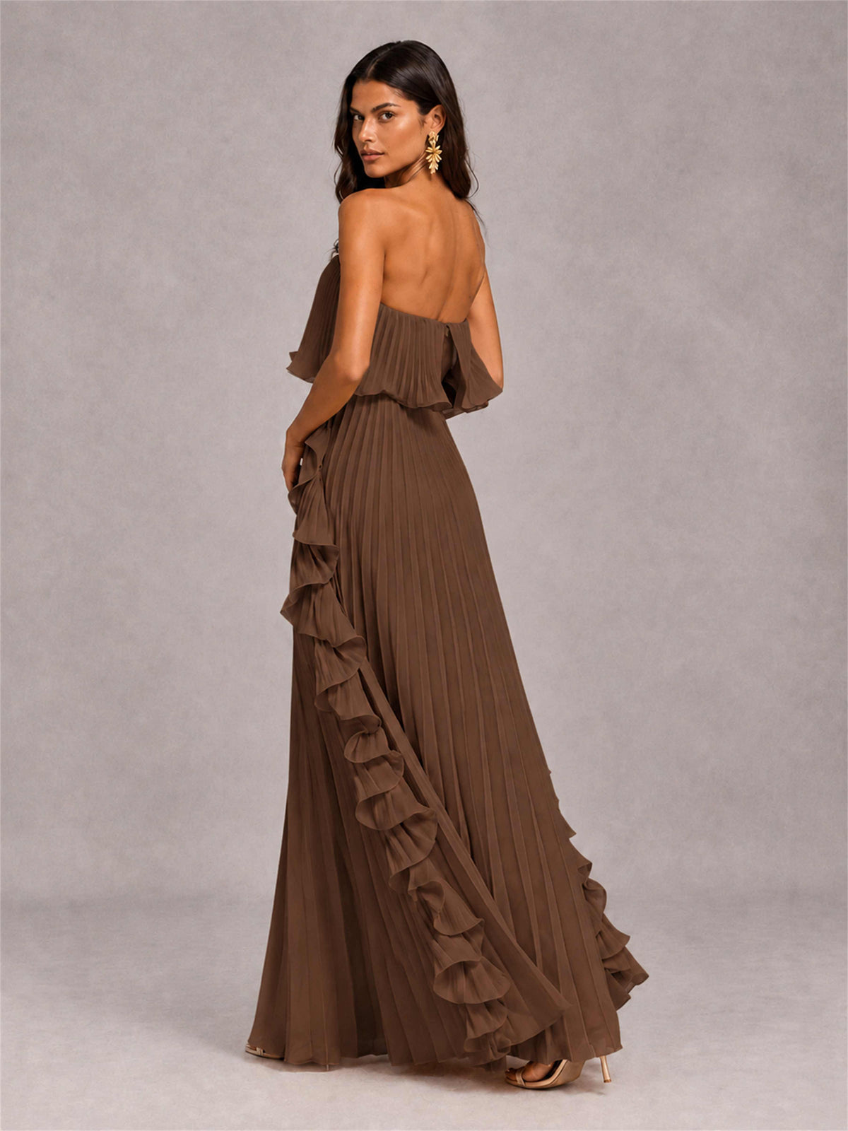 Strapless A-Line Chiffon Ruffle Pleated Floor-Length Wedding Guest Dress
