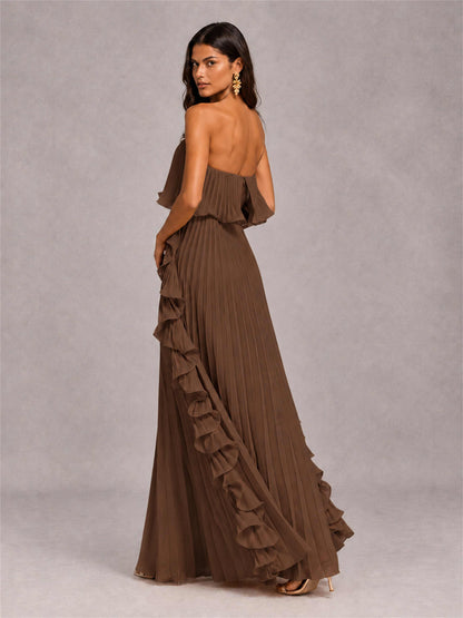 Strapless A-Line Chiffon Ruffle Pleated Floor-Length Wedding Guest Dress