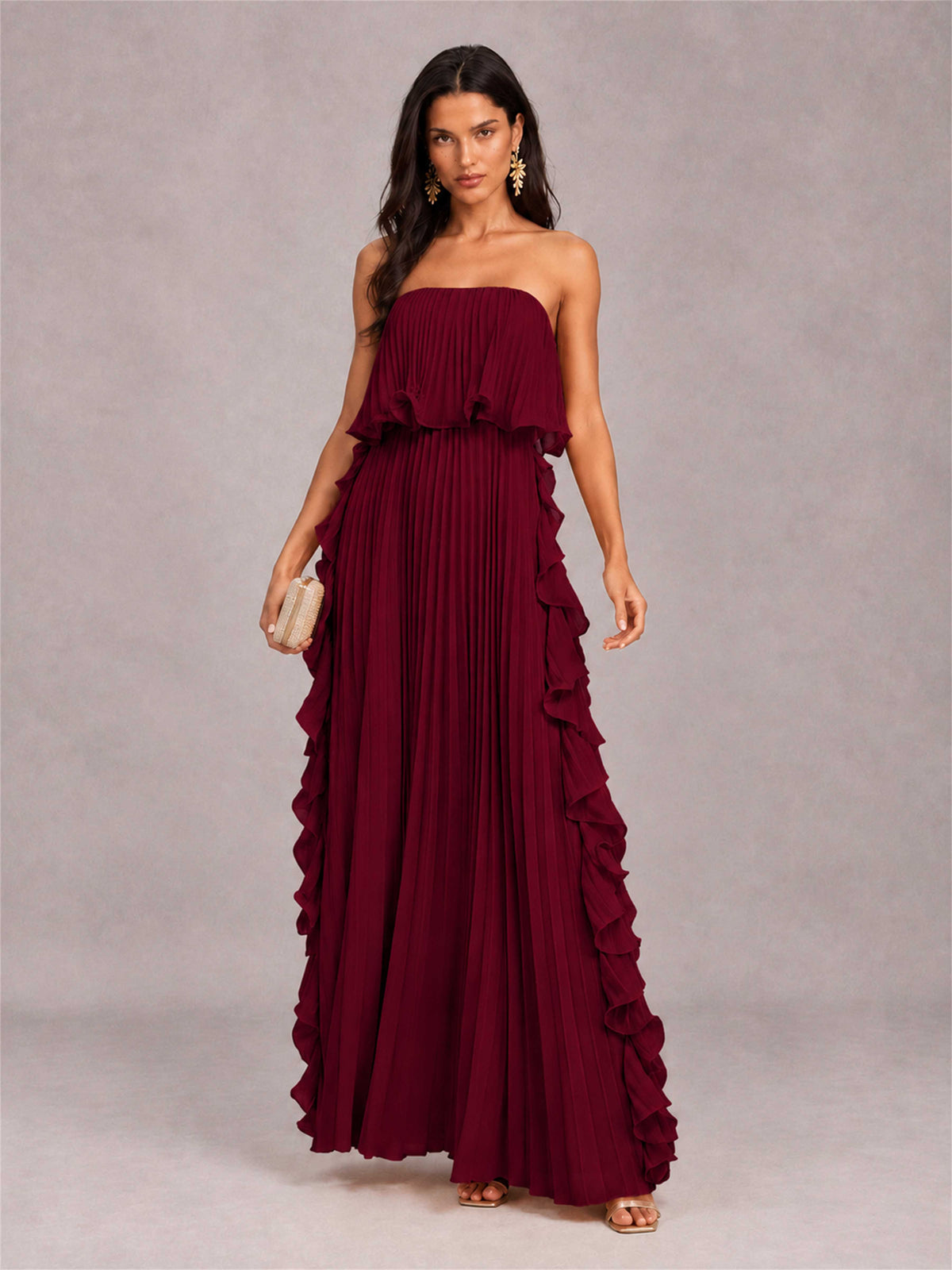 Strapless A-Line Chiffon Ruffle Pleated Floor-Length Wedding Guest Dress
