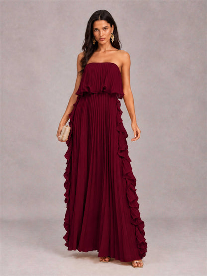 Strapless A-Line Chiffon Ruffle Pleated Floor-Length Wedding Guest Dress