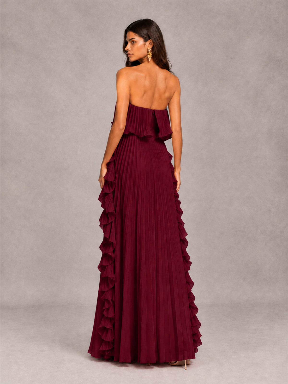 Strapless A-Line Chiffon Ruffle Pleated Floor-Length Wedding Guest Dress