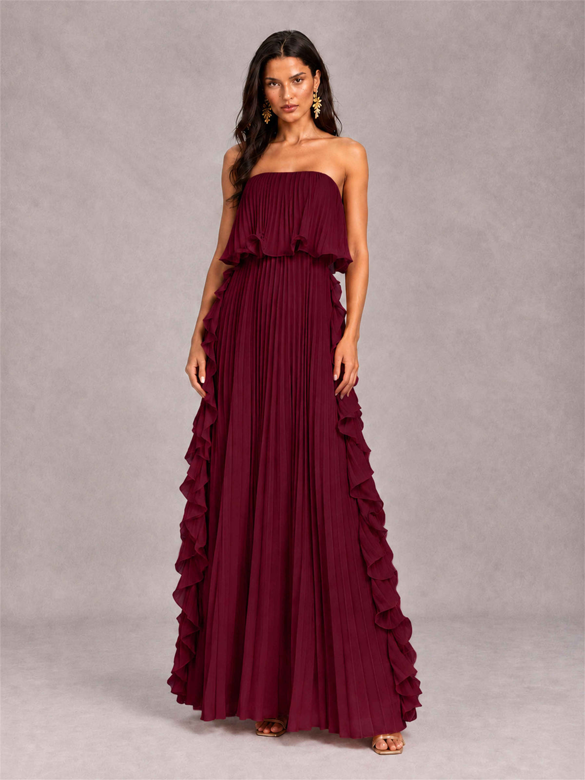 Strapless A-Line Chiffon Ruffle Pleated Floor-Length Wedding Guest Dress