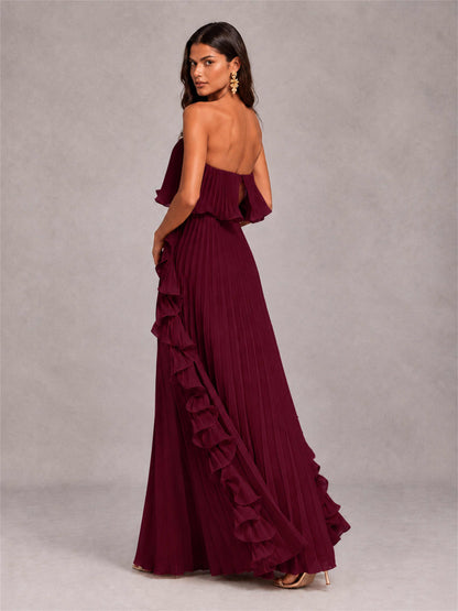 Strapless A-Line Chiffon Ruffle Pleated Floor-Length Wedding Guest Dress