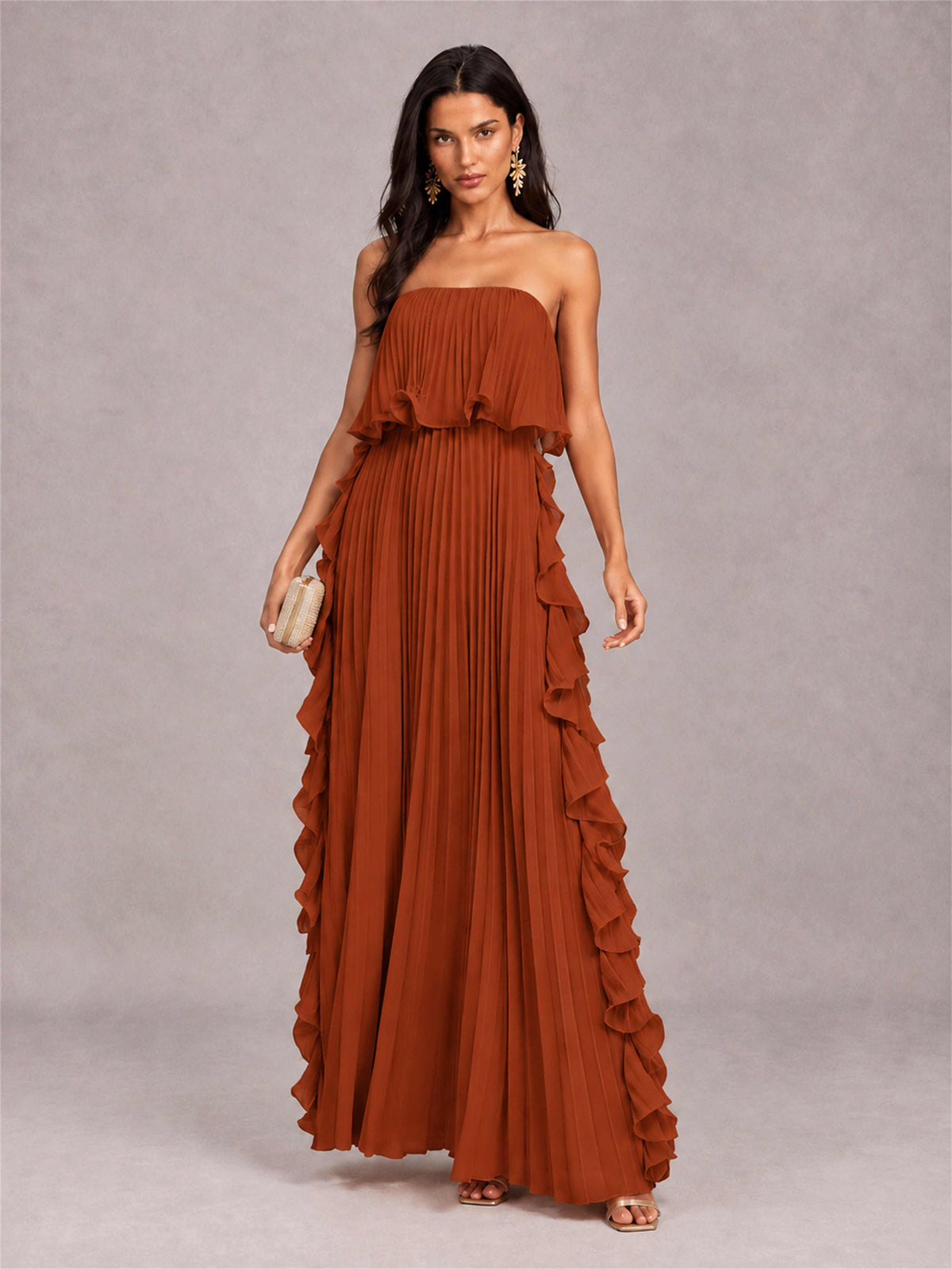 Strapless A-Line Chiffon Ruffle Pleated Floor-Length Wedding Guest Dress