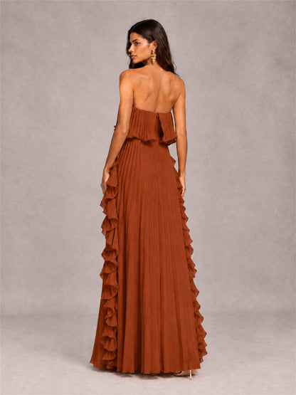 Strapless A-Line Chiffon Ruffle Pleated Floor-Length Wedding Guest Dress