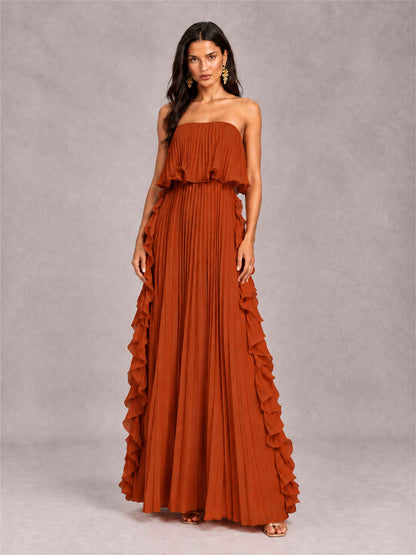 Strapless A-Line Chiffon Ruffle Pleated Floor-Length Wedding Guest Dress
