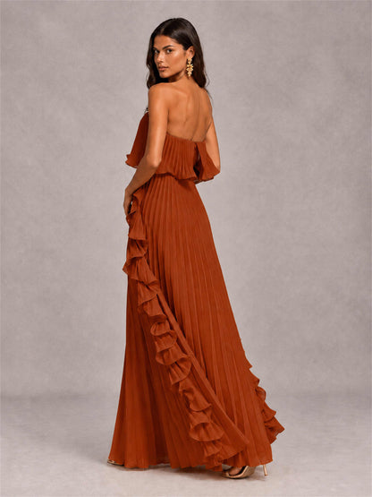 Strapless A-Line Chiffon Ruffle Pleated Floor-Length Wedding Guest Dress