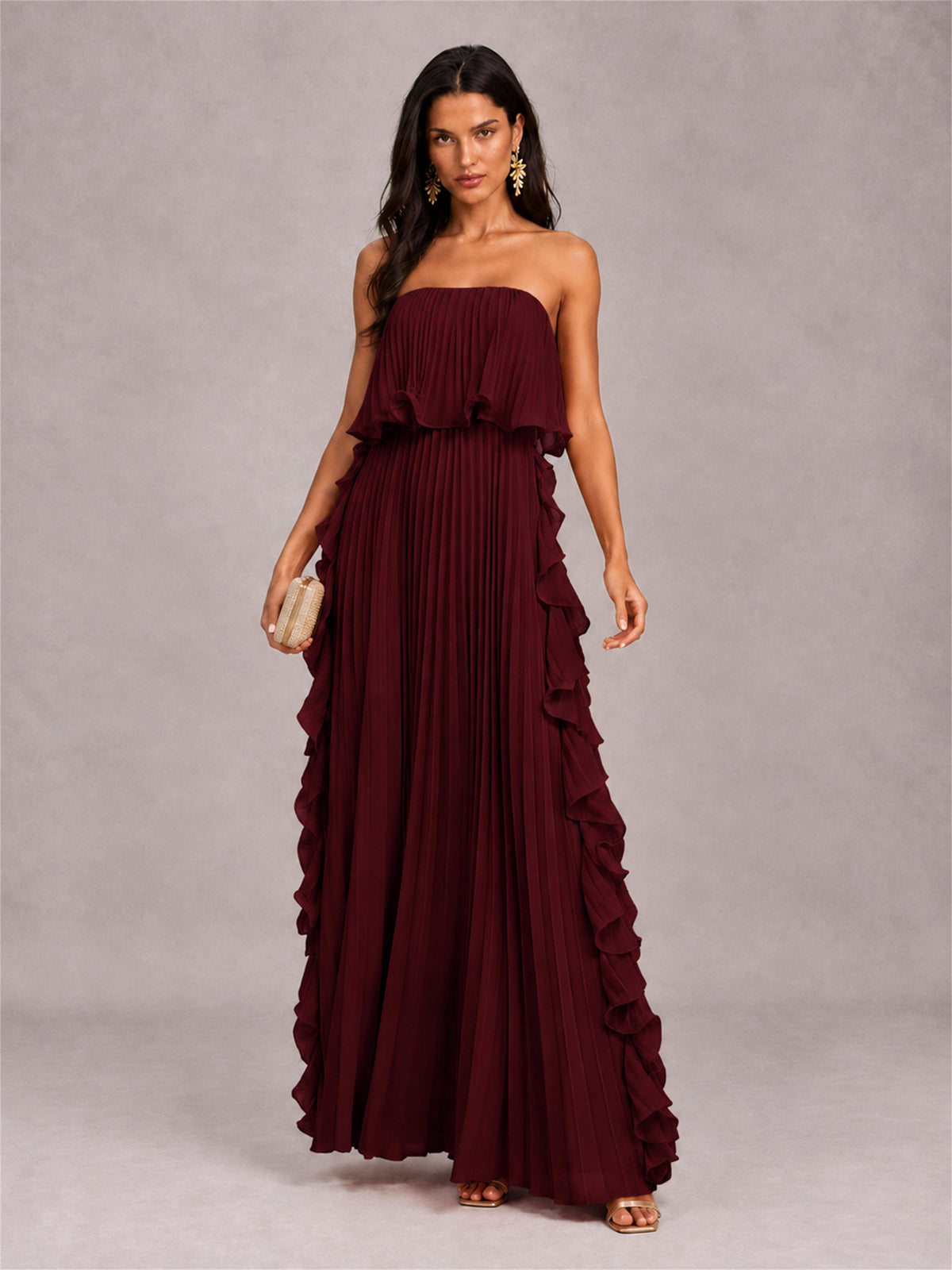 Strapless A-Line Chiffon Ruffle Pleated Floor-Length Wedding Guest Dress