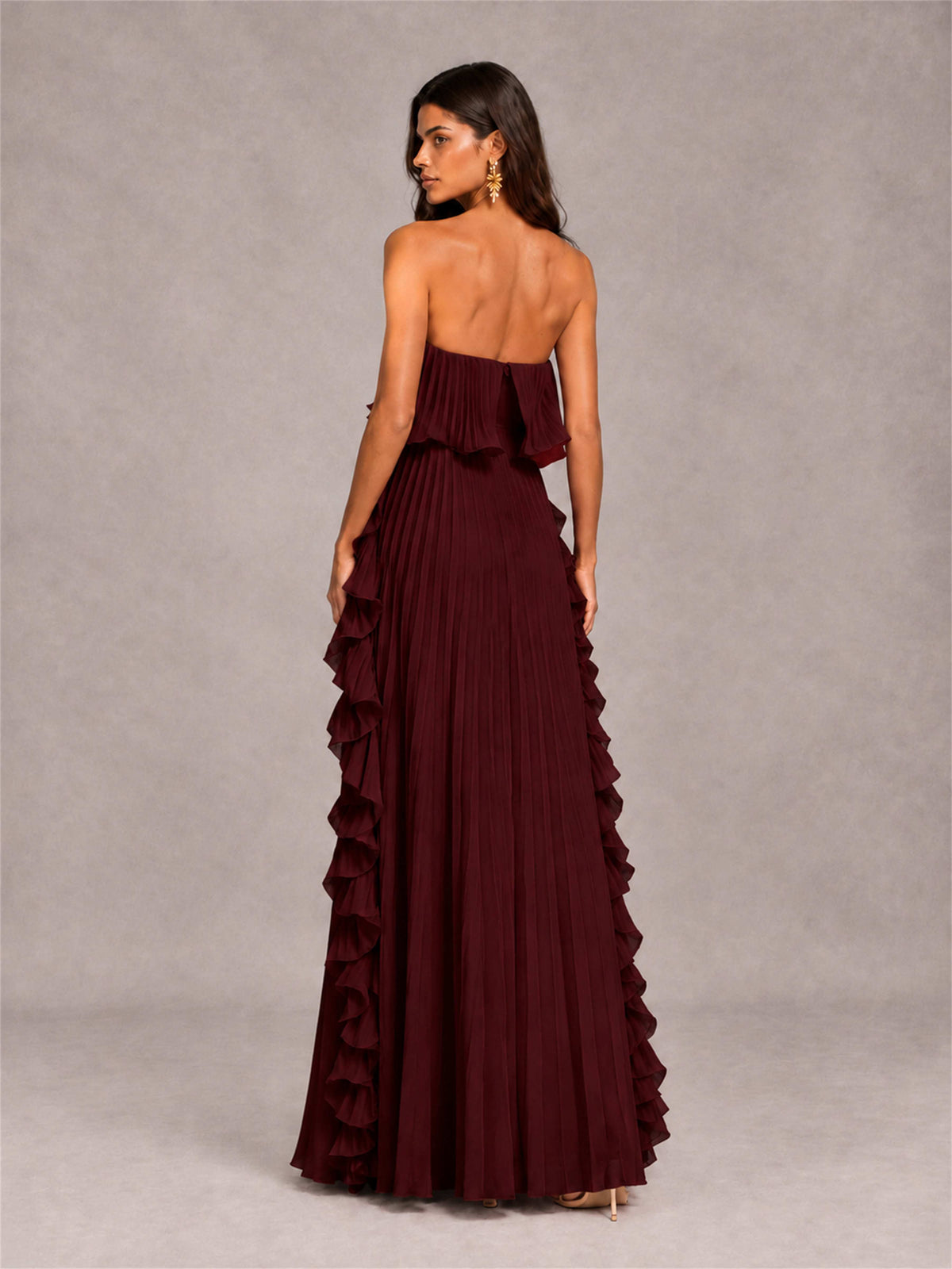 Strapless A-Line Chiffon Ruffle Pleated Floor-Length Wedding Guest Dress