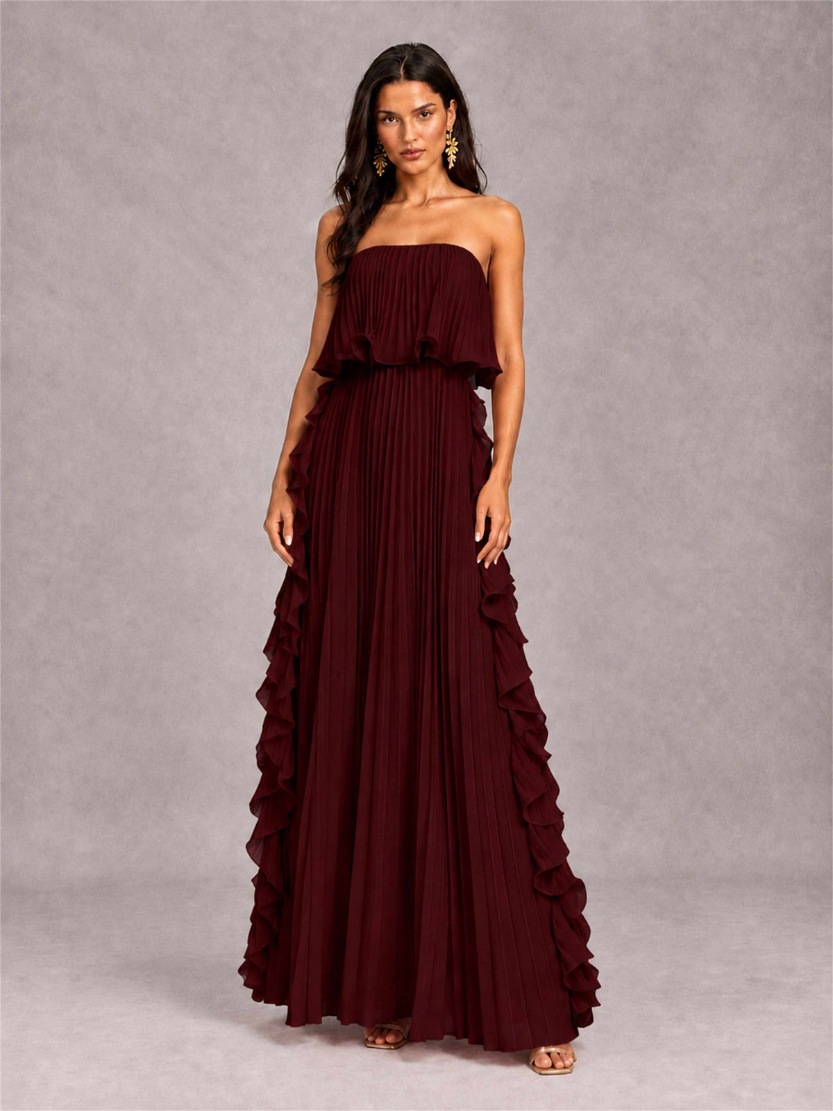Strapless A-Line Chiffon Ruffle Pleated Floor-Length Wedding Guest Dress