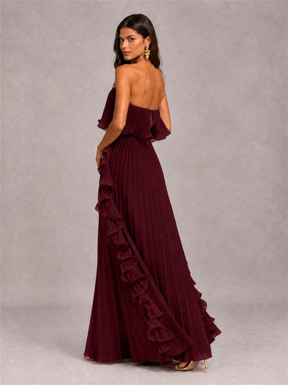 Strapless A-Line Chiffon Ruffle Pleated Floor-Length Wedding Guest Dress