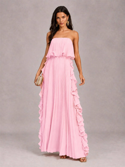 Strapless A-Line Chiffon Ruffle Pleated Floor-Length Wedding Guest Dress