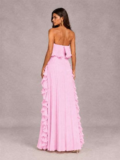 Strapless A-Line Chiffon Ruffle Pleated Floor-Length Wedding Guest Dress