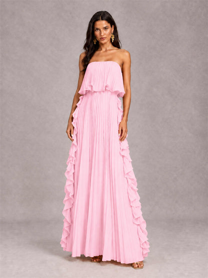 Strapless A-Line Chiffon Ruffle Pleated Floor-Length Wedding Guest Dress