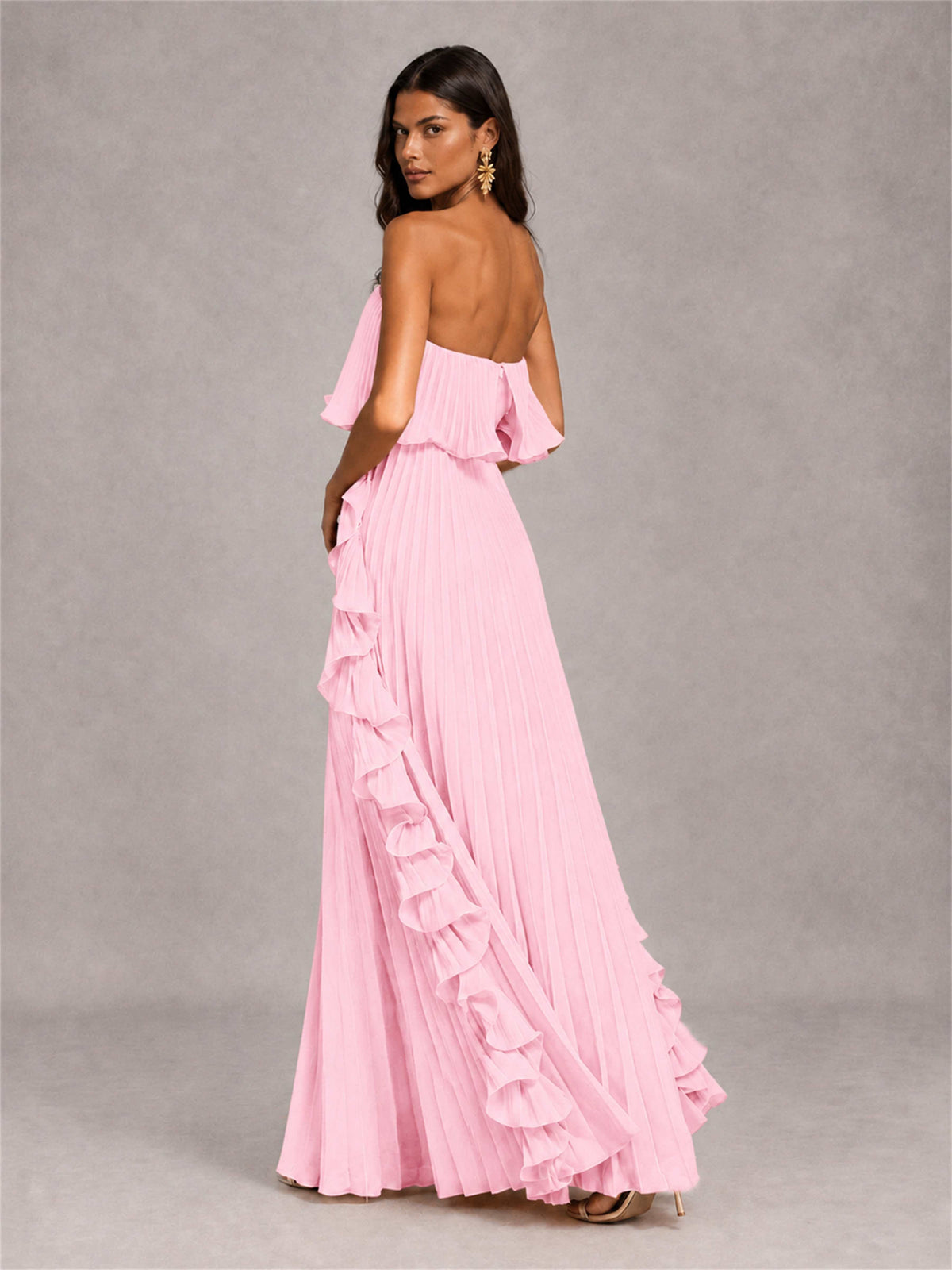 Strapless A-Line Chiffon Ruffle Pleated Floor-Length Wedding Guest Dress
